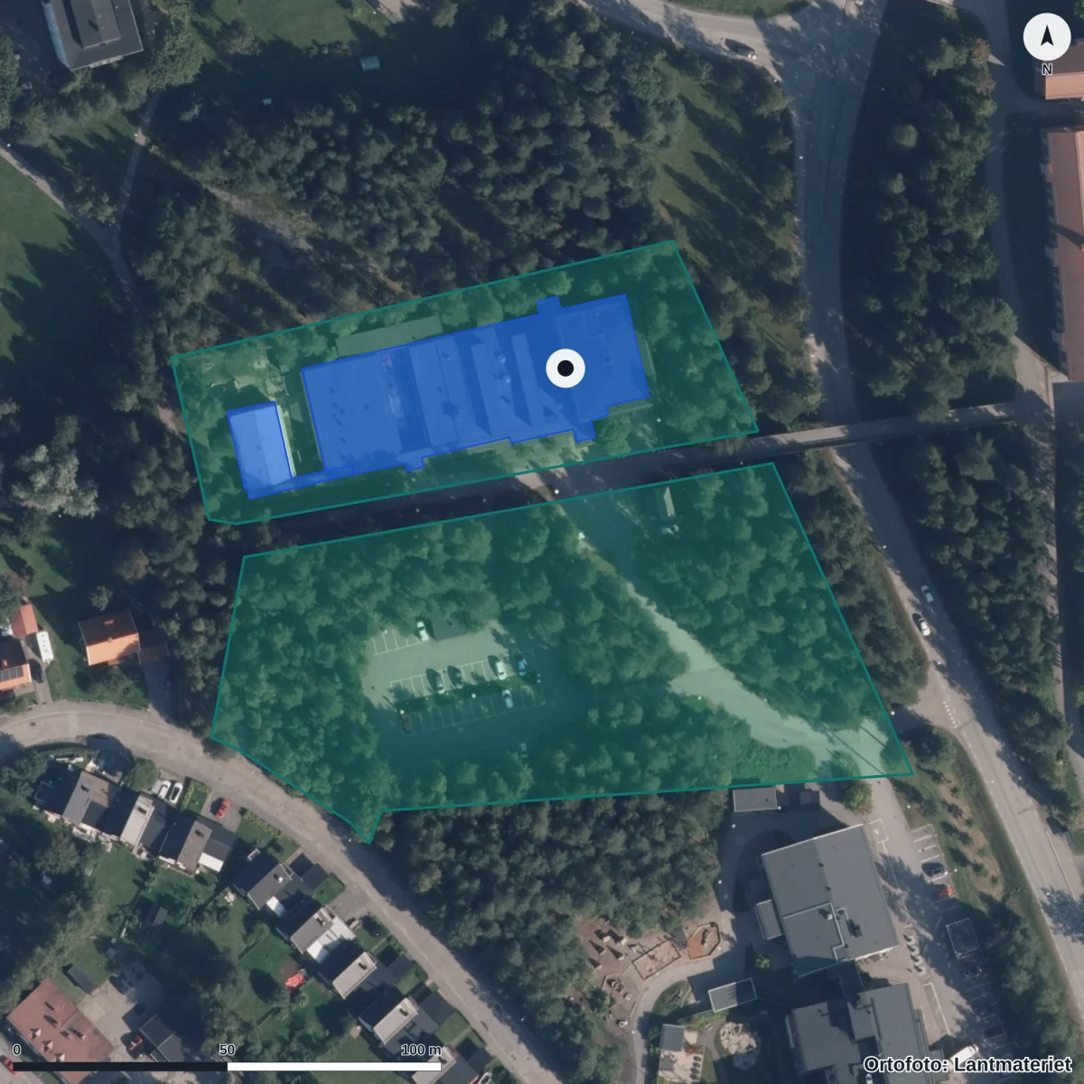 Flygbild över Förskolan Karlavagnen Ålidhem, ortofoto från Lantmäteriet