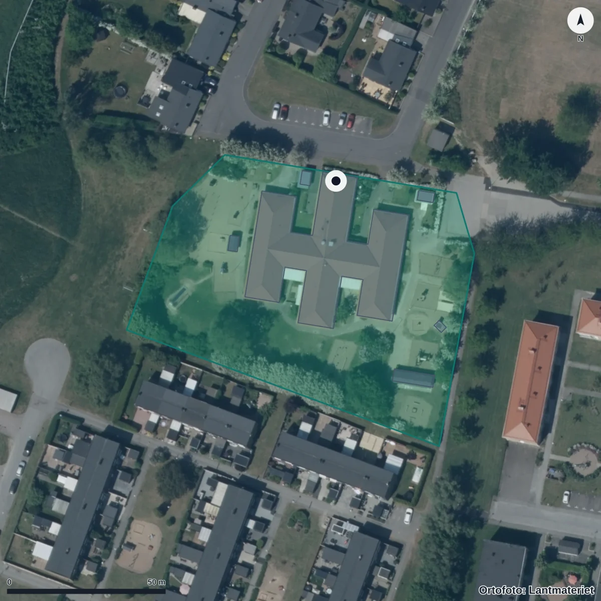 Flygbild över Personalkooperativet Norrevångs Förskola Ek Förening, ortofoto från Lantmäteriet