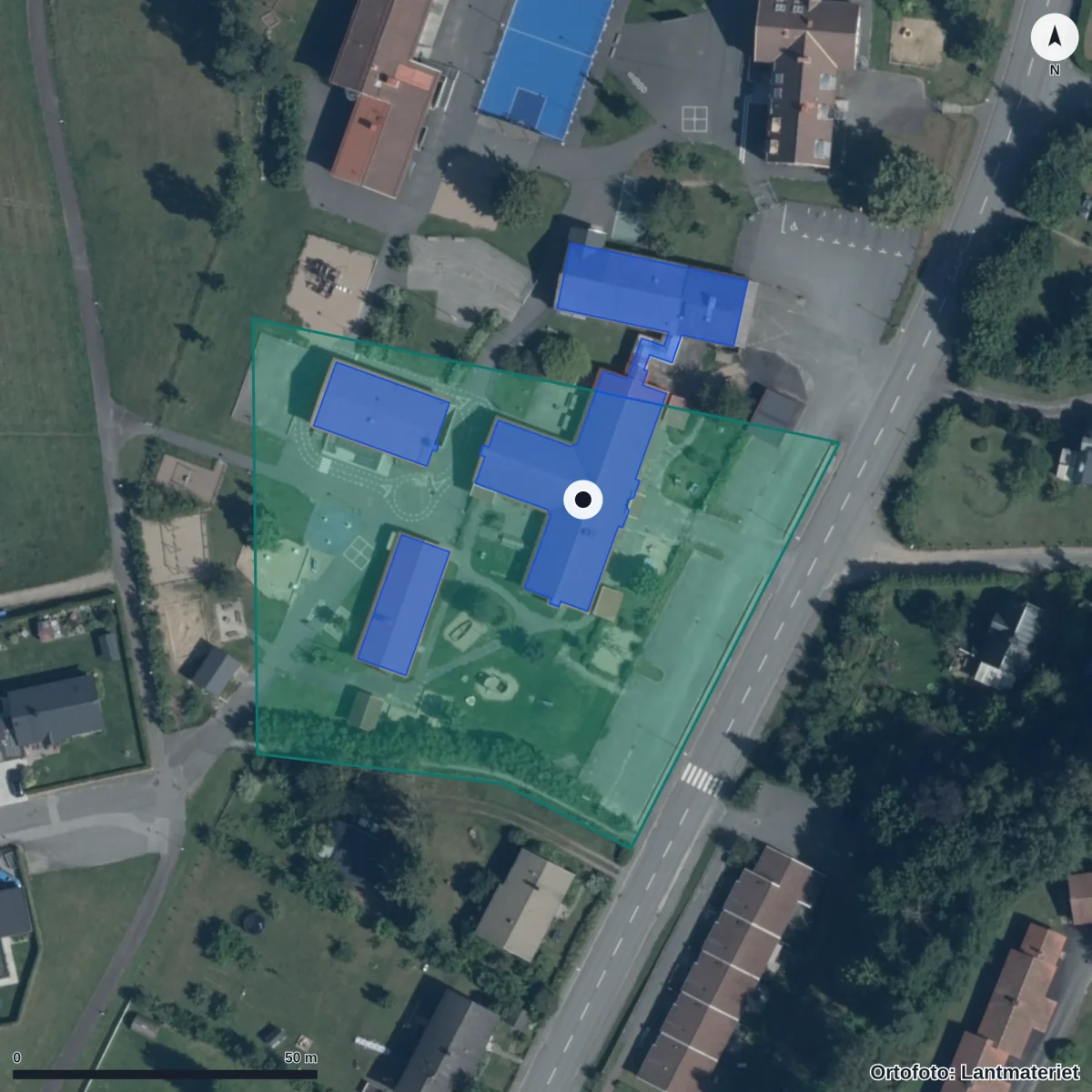 Flygbild över Näsums Förskola, ortofoto från Lantmäteriet