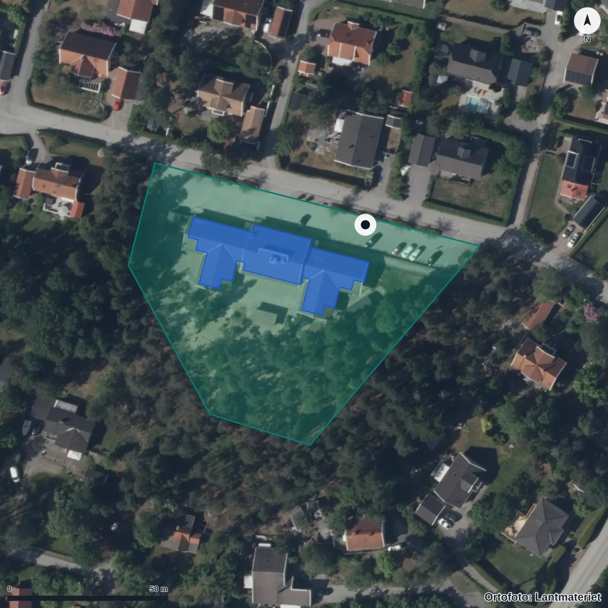 Flygbild över Rensättra Förskola, ortofoto från Lantmäteriet