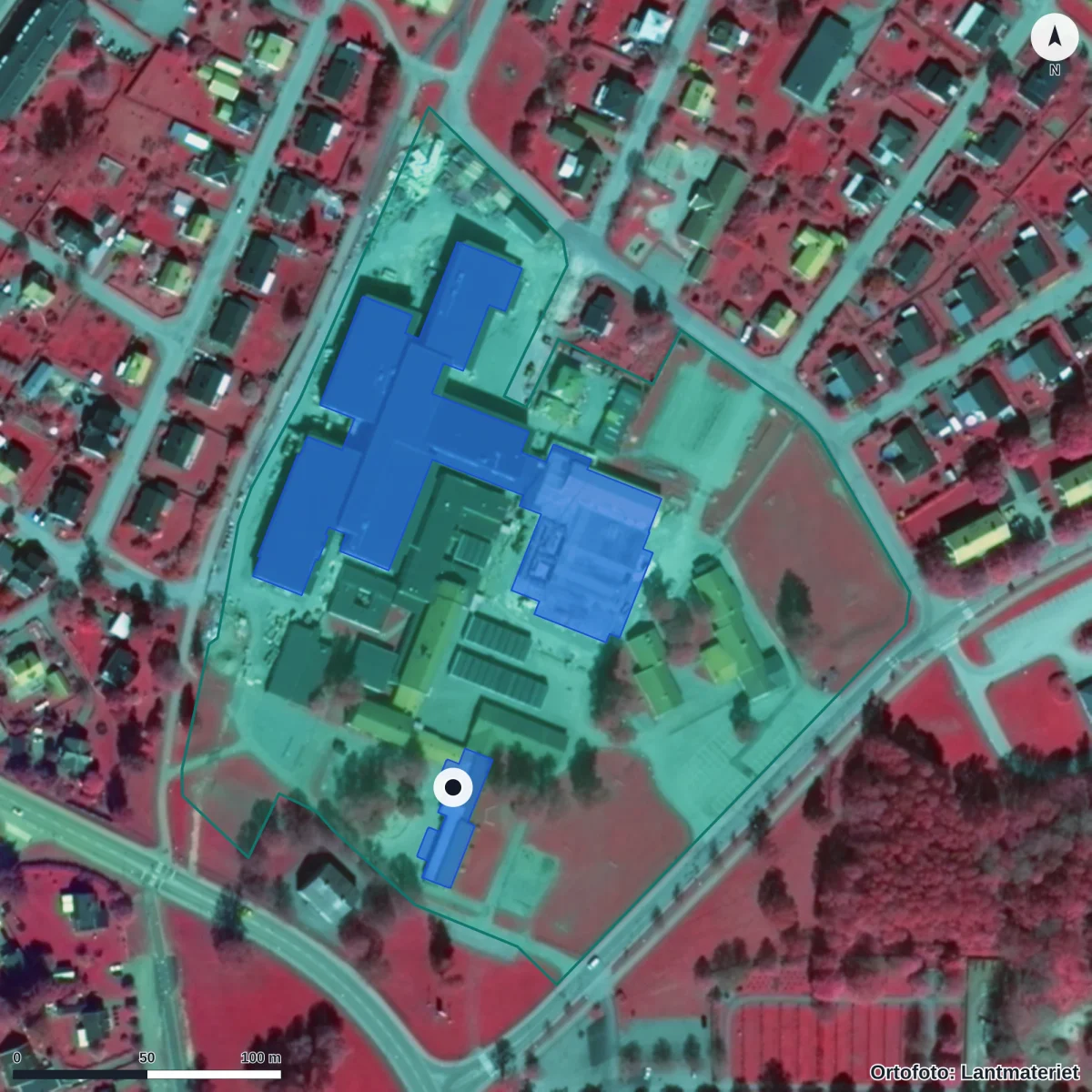 Flygbild över Förskolan Lekcenter, ortofoto från Lantmäteriet