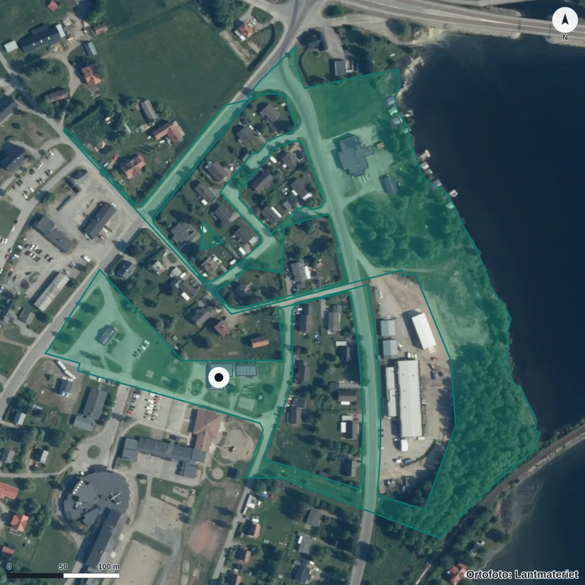 Flygbild över Fjällgrimens Förskola, ortofoto från Lantmäteriet