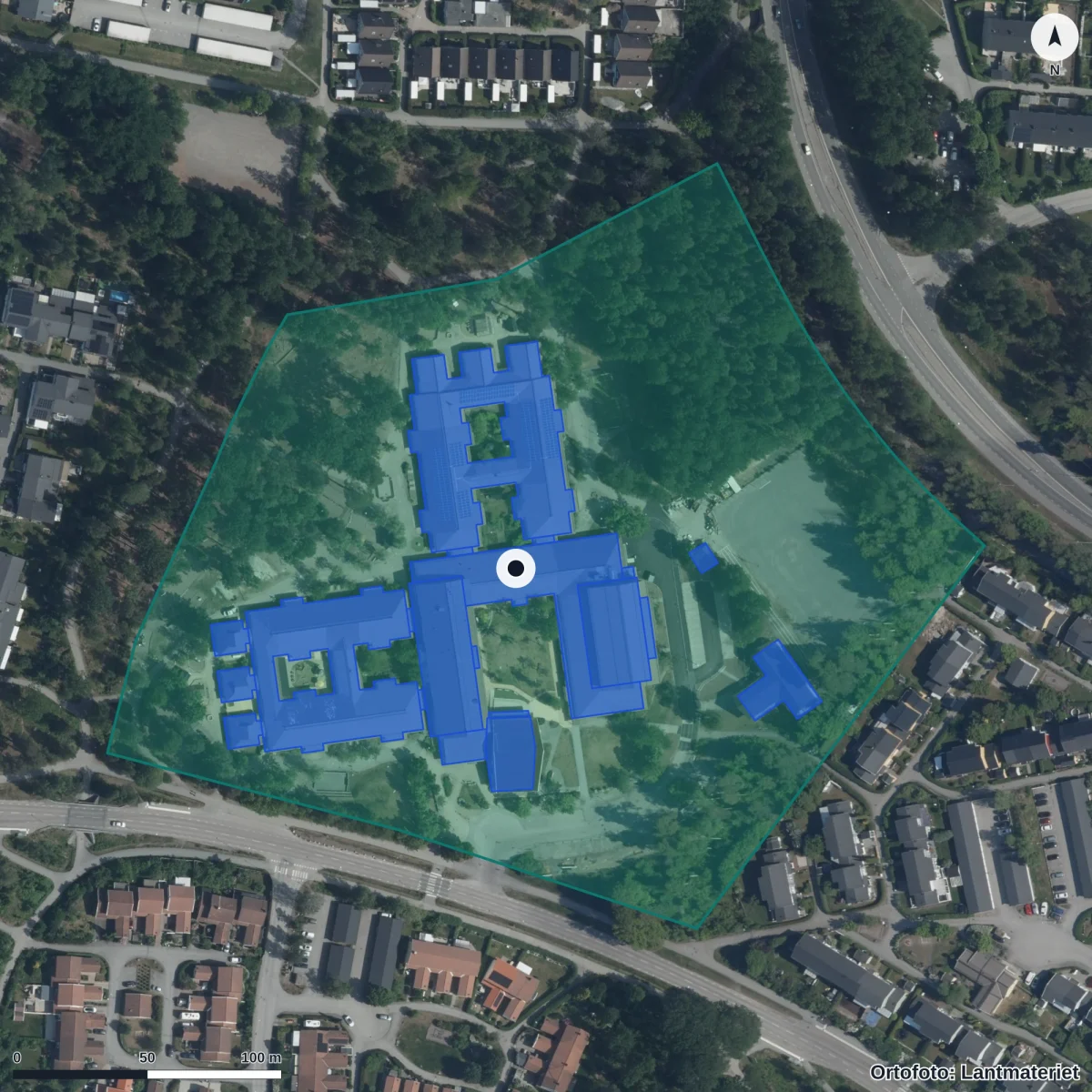 Flygbild över Fjällens Förskola ,k,, ortofoto från Lantmäteriet