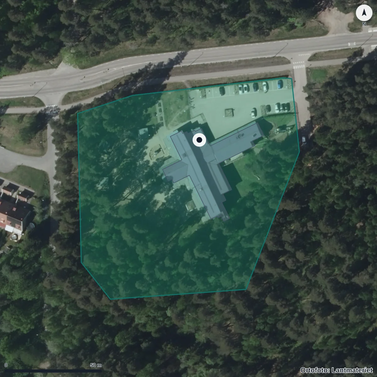 Flygbild över Skogens Förskola, ortofoto från Lantmäteriet