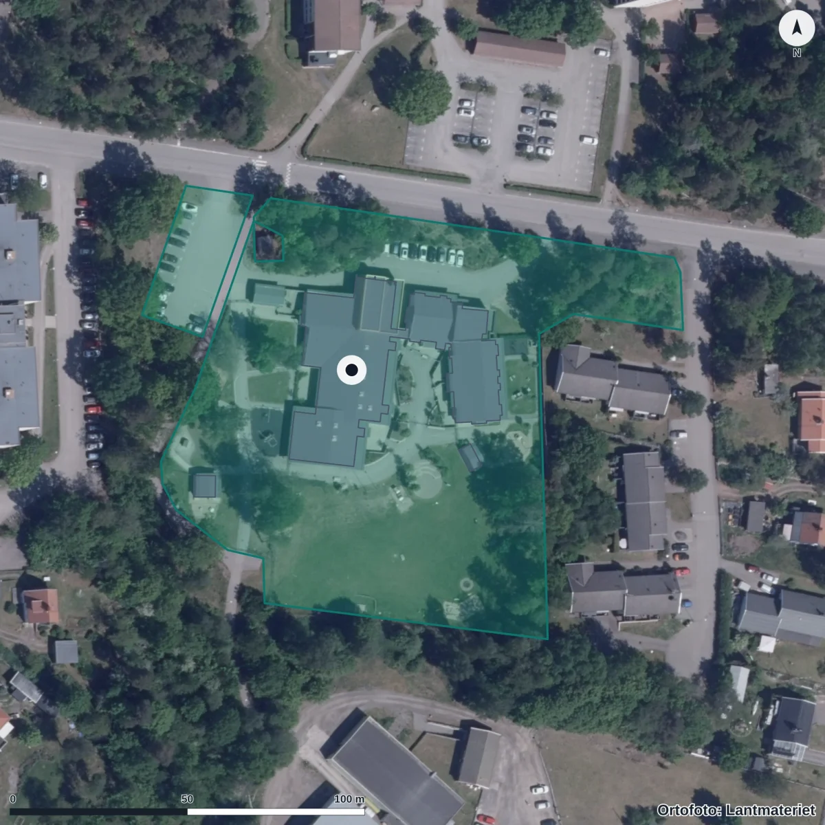 Aerial view of Guldgruvans Förskola, orthophoto from Lantmäteriet
