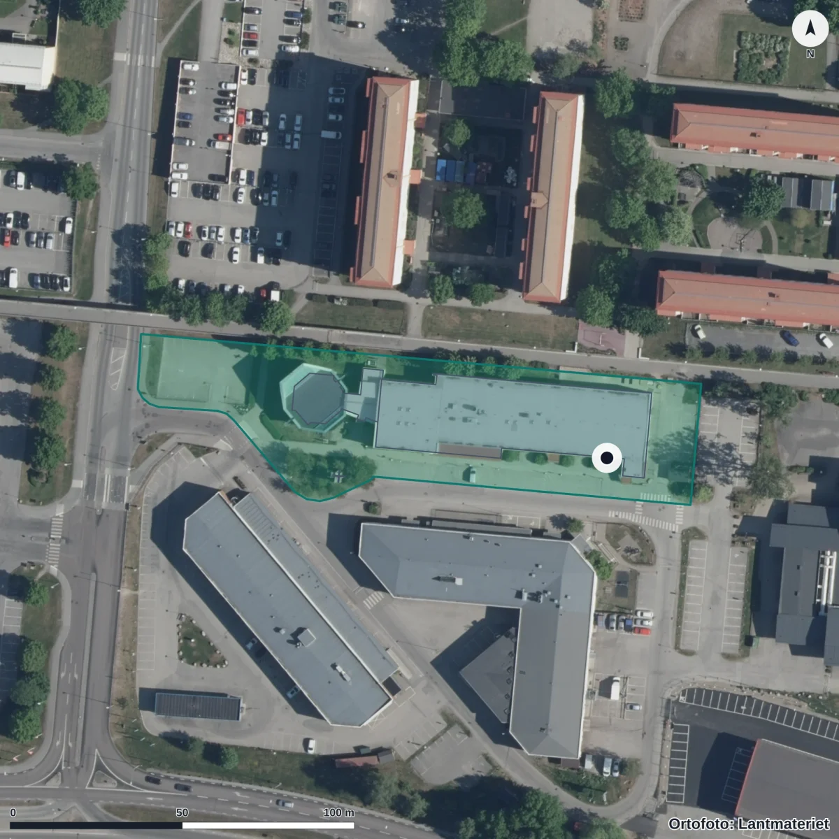Flygbild över Förskolan Lilla Edessa, ortofoto från Lantmäteriet