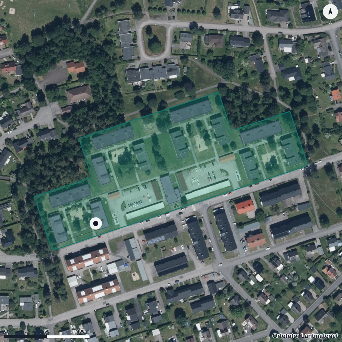 Flygbild över Skaparglädjens Förskola, ortofoto från Lantmäteriet