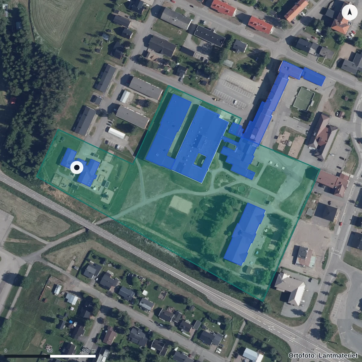 Flygbild över Lillskogens Förskola, ortofoto från Lantmäteriet