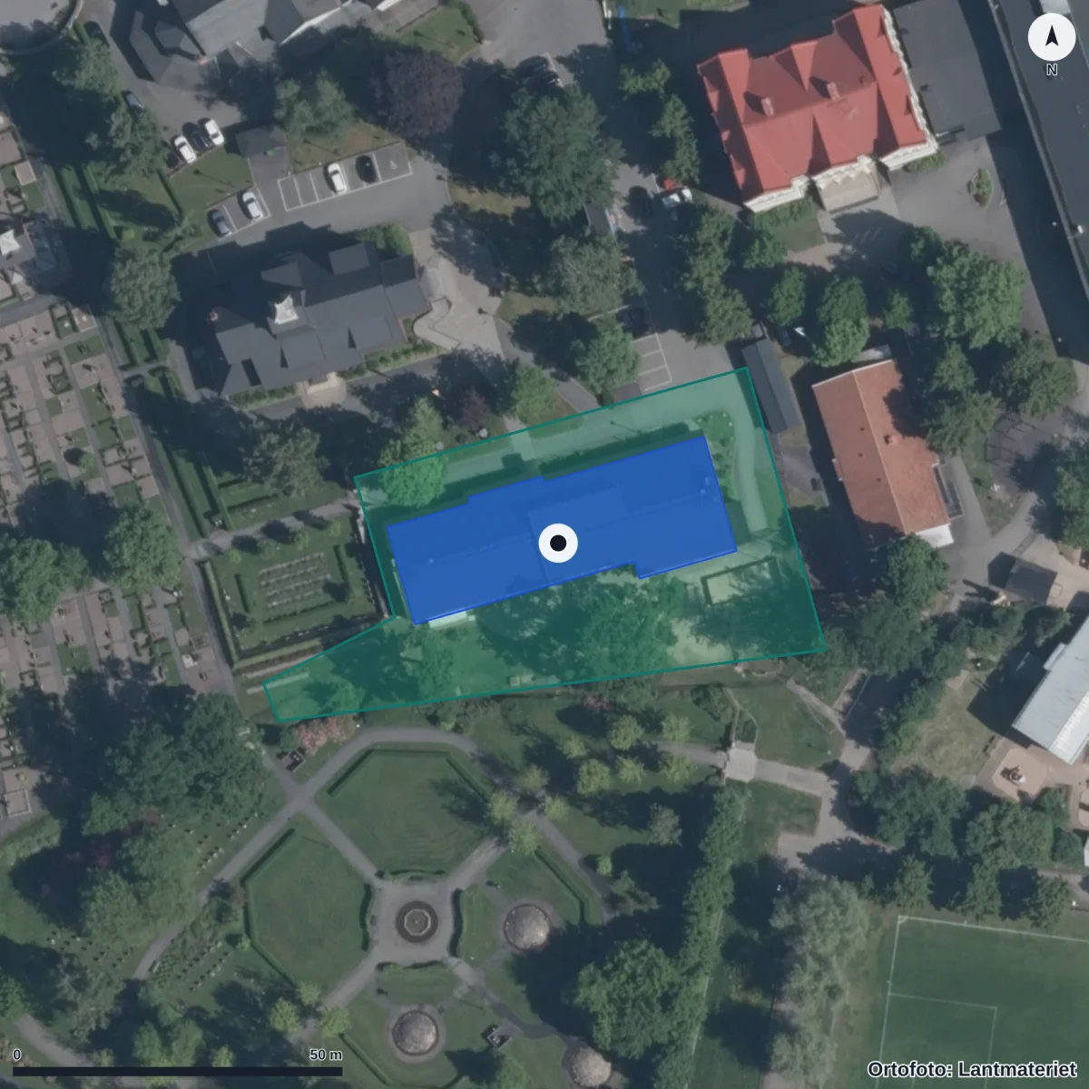 Flygbild över Kyrkbackens Förskola Huskvarna, ortofoto från Lantmäteriet