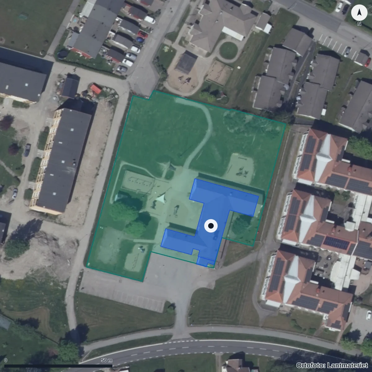 Flygbild över Klosterängens Förskola, ortofoto från Lantmäteriet