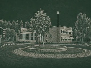 Chalkboard-illustration av Kramfors gymnasium, Kramfors