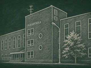 Chalkboard-illustration av Lilla Alby skola, Sundbyberg