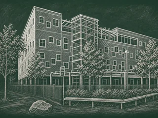 Chalkboard-illustration av Glömstaskolan, Huddinge