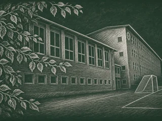 Chalkboard-illustration av Äppelviksskolan, Stockholm