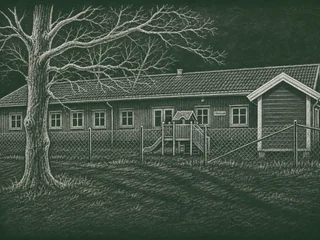 Chalkboard-illustration av Stenbackaskolan, Karlshamn