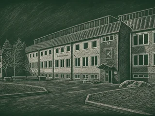 Chalkboard-illustration av Brotorpsskolan, Stockholm