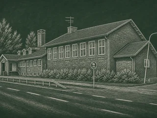 Chalkboard-illustration av Stora Skedvi skola, Säter
