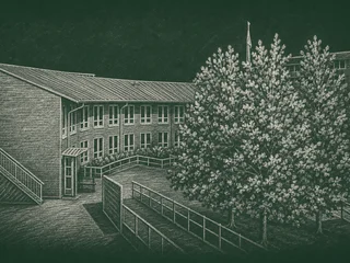 Chalkboard-illustration av Östbergaskolan, Stockholm