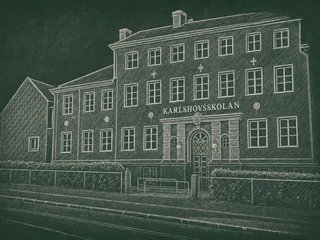 Chalkboard illustration of Karlshovsskolan, Norrköping