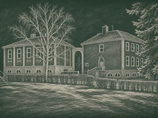 Chalkboard-illustration av Hallsta skola, Norrtälje