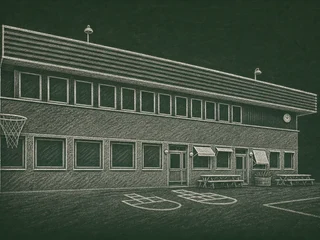 Chalkboard-illustration av Ljungbackens skola, Lidingö