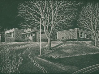 Chalkboard illustration of Lillgårdsskolan, Linköping