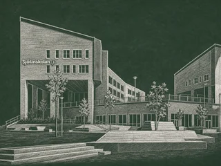Chalkboard-illustration av Sjöviksskolan, Trelleborg