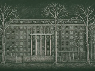 Chalkboard illustration of Carlssons skola, Stockholm