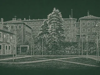 Chalkboard-illustration av Höglandsskolan, Stockholm