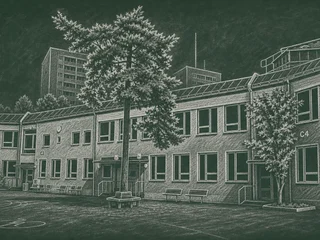 Chalkboard-illustration av Nybohovsskolan, Stockholm