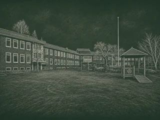 Chalkboard-illustration av Råsunda skola, Solna