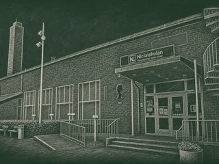Chalkboard-illustration av Nicolaiskolan, Helsingborg