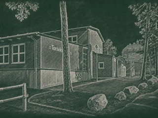 Chalkboard-illustration av Torsviks skola, Lidingö
