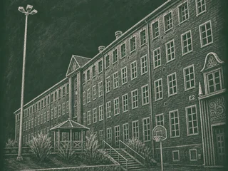 Chalkboard-illustration av Mälarhöjdens skola, Stockholm
