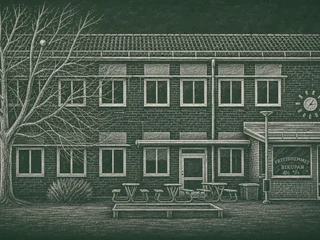 Chalkboard-illustration av Gällstads skola, Ulricehamn