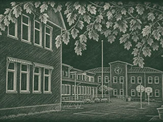 Chalkboard-illustration av Kvarnsvedens skola, Borlänge