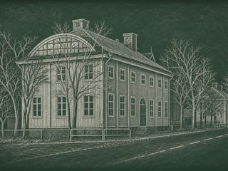Chalkboard-illustration av Strömsbro skola, Gävle
