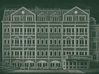 Chalkboard-illustration av Ellen Fries gymnasium, Uppsala