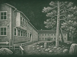 Chalkboard-illustration av Hökarängsskolan, Stockholm