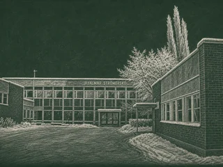 Chalkboard-illustration av Hjalmar Strömerskolan, Strömsund