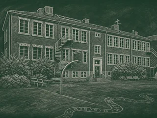 Chalkboard illustration of Villastadsskolan, Norrköping