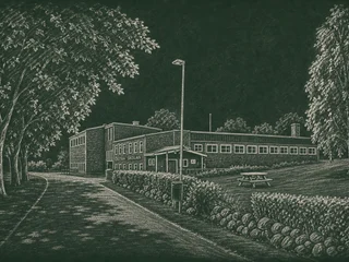 Chalkboard-illustration av Korsberga skola, Vetlanda