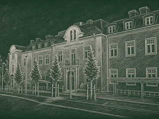 Chalkboard illustration of Sandbyhovsskolan, Norrköping