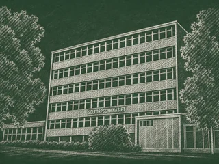 Chalkboard-illustration av Soltorgsgymnasiet, Borlänge