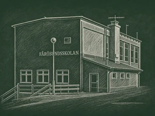Chalkboard-illustration av Fårösundsskolan, Gotland