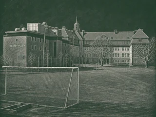 Chalkboard-illustration av Hersby gymnasium, Lidingö