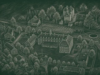 Chalkboard-illustration av Kvarnbyskolan, Stockholm