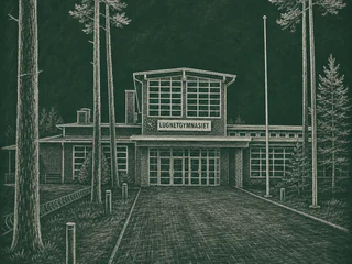 Chalkboard-illustration av Lugnetgymnasiet, Falun