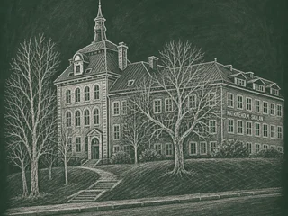Chalkboard illustration of Fryxellska skolan, Västerås