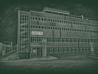 Chalkboard-illustration av S:t Martins gymnasium, Sundbyberg